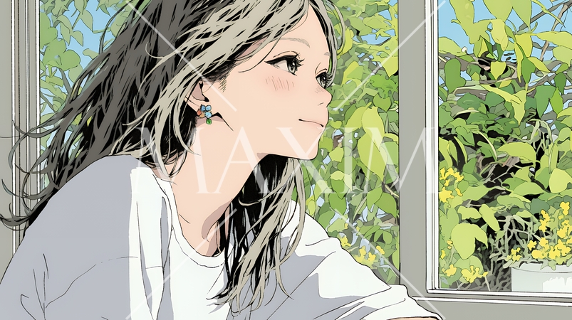 じっと遠くを見つめている若い女性