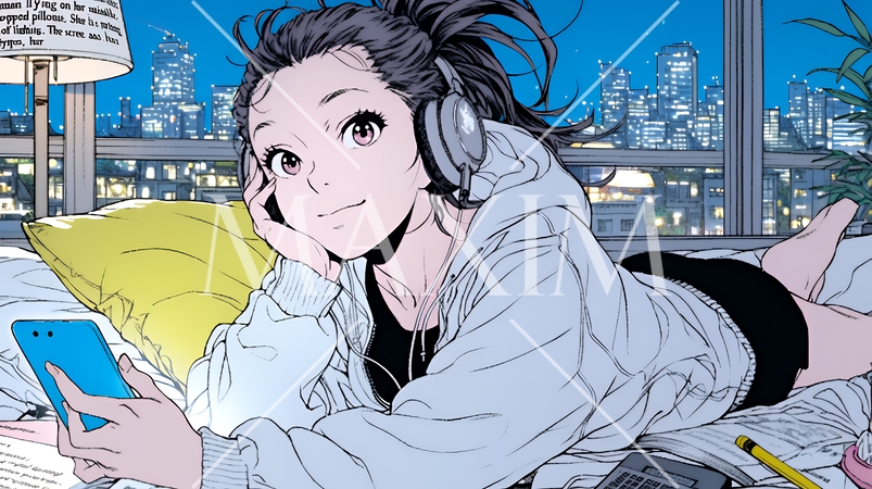 ベッドに横になってスマートフォンをいじくっている若い女性