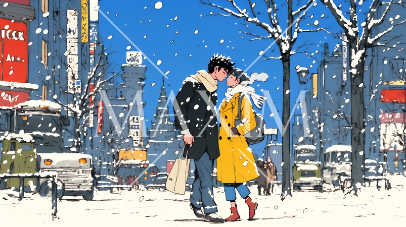 冬枯れ街をデートしている若い恋人たち