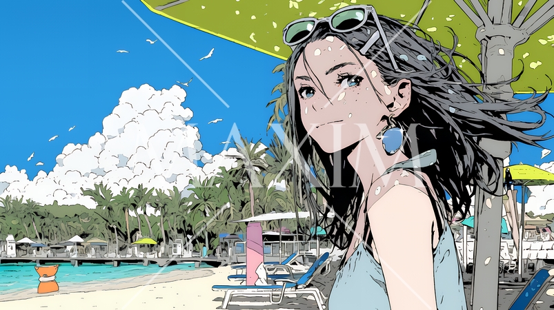 夏の南国の海辺を一人で旅行中の若い女性