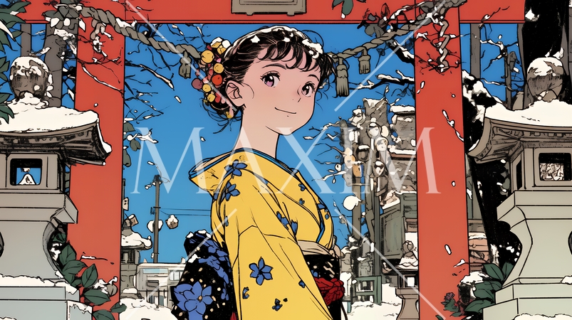 和服を着て初詣をしている若い女性