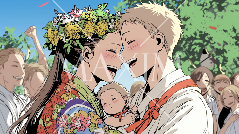 子連れで結婚式を挙げている若い新郎新婦