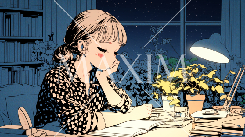 受験勉強とか残業をしている若い女性