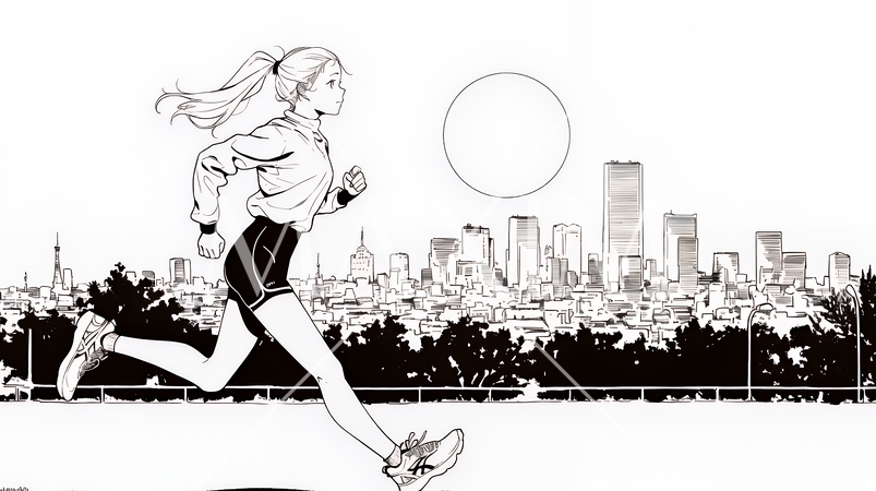 夕方の街並みを背景にジョギングをする若い女性（シンプルな色使い）