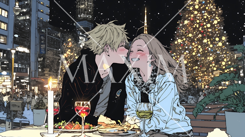 クリスマスディナーを楽しんでいる若いカップル