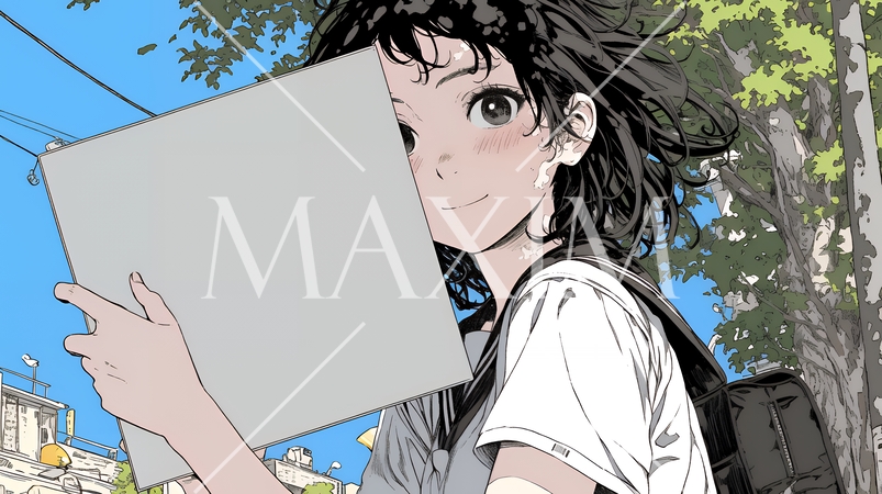 何も描いていないメッセージボードを掲げる若い女性