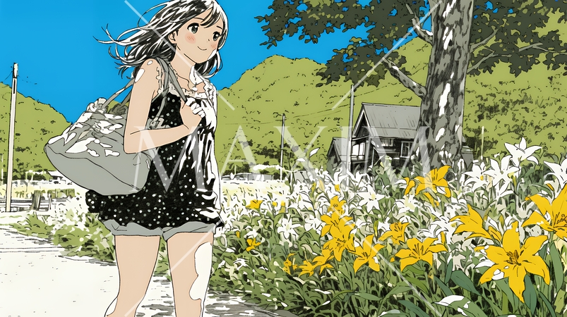 ユリの花の小径を歩く若い女性