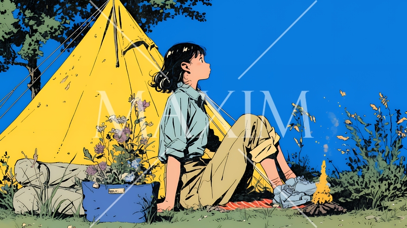 ソロキャンプを楽しんでいる若い女性