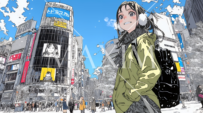 雪の積もる冬の都会を散策している若い女性