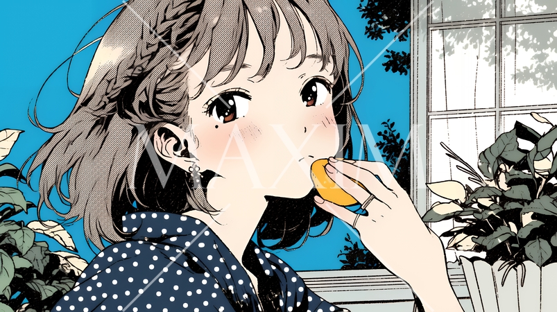 食事をしている若い女性：ポテチをかじっている