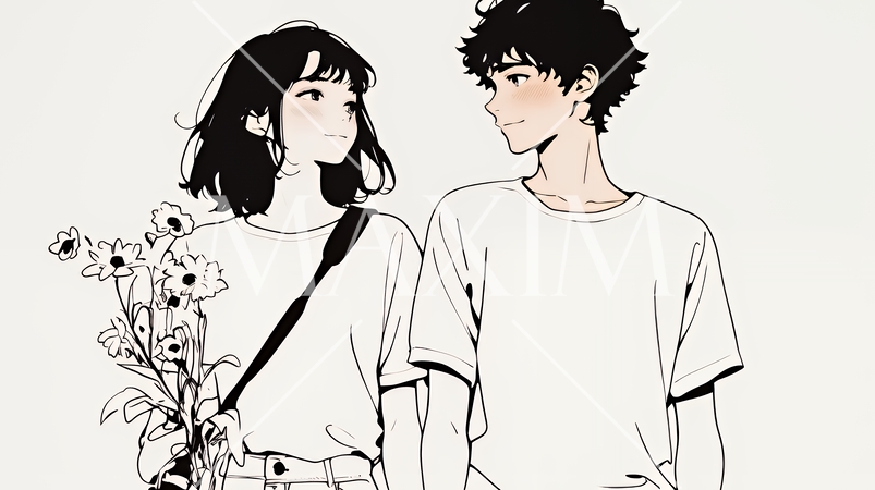 希望に満ちたライフスタイルを過ごす若いカップル：未来を見つめている（シンプルな色使い）