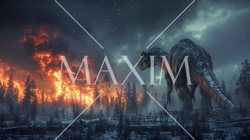 6500万年前、巨大隕石衝突による大森林火災と大寒波に見舞われている恐竜：精緻CG