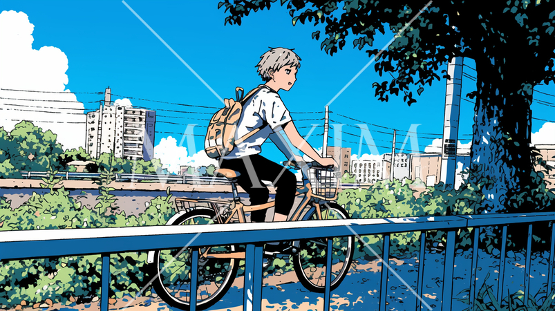 青空の下、自転車に乗る若い男性