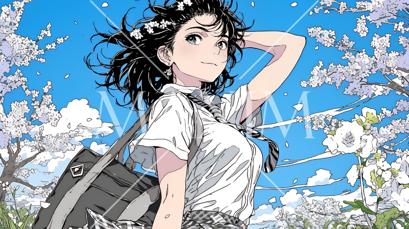 満開の桜の木の下を歩く制服姿の女子高生