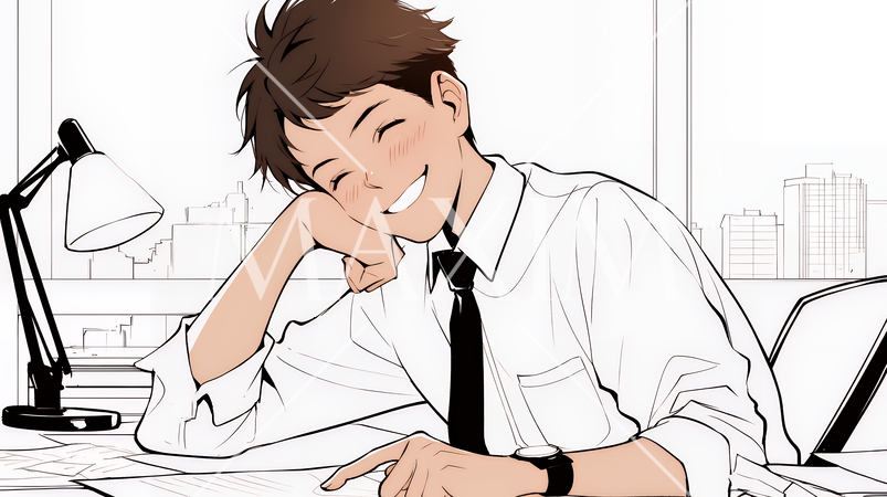 仕事に疲れて苦笑いをしているビジネスパーソン（シンプルな色使い）