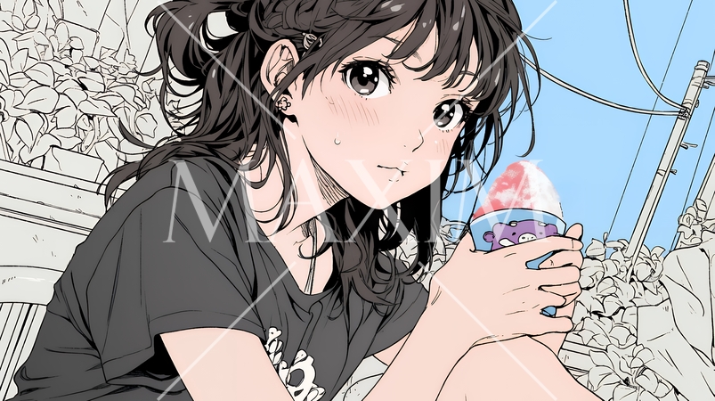 夏空の下でかき氷をたべる若い女性