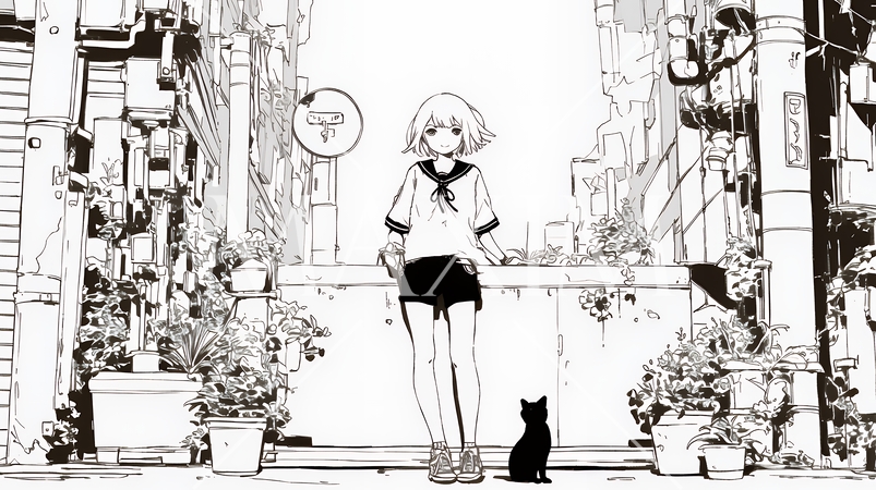 若い女性が佇む都市の街角（シンプルな色使い）