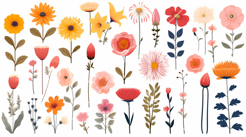 バリエーション豊かな色々な花のアイコンのリファレンスシート