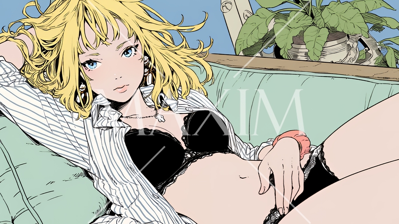 自宅で下着姿でくつろいでいる若い女性