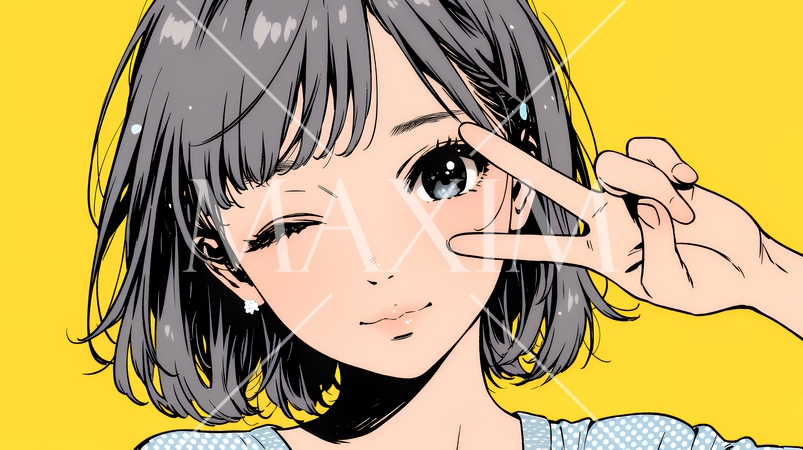 アイドルのように顔の横でピース＋ウィンクしている若い女性