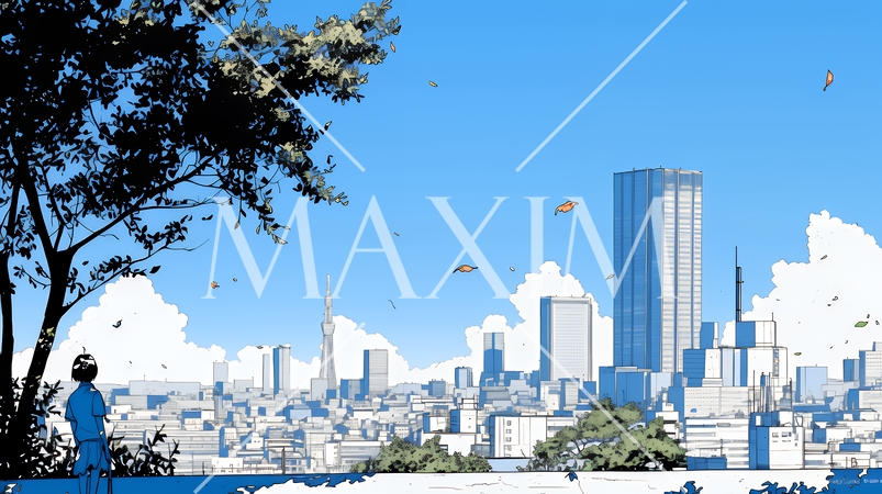 都市の町並みと青空（シンプルな色使い）