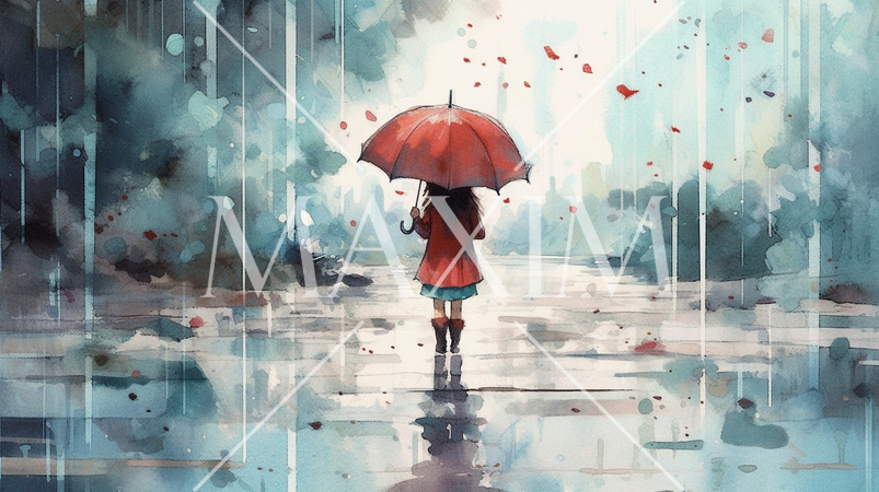 雨降りの公園を傘をさした若い女性が歩いている風景：　水彩画