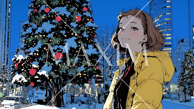 クリスマスイルミネーションが美しい街を散策する若い女性