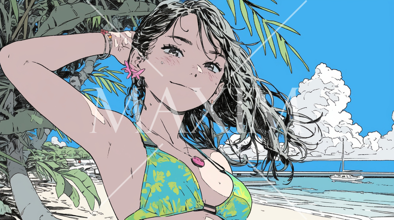 南国の海岸にビキニ姿でいる若い女性