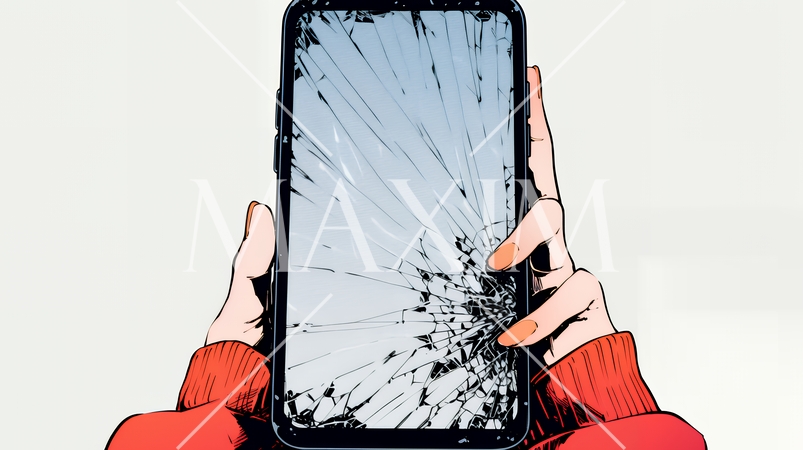 画面が激しく割れているスマートフォンを手にしているいる若い女性