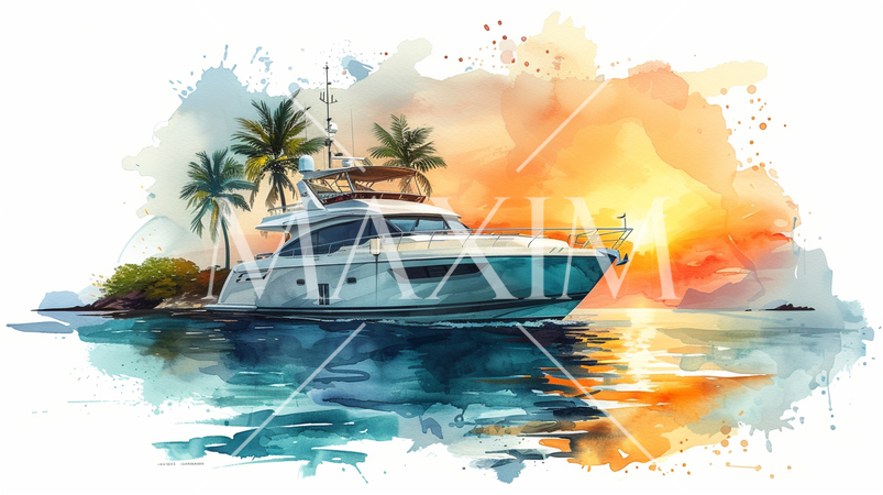 南洋の孤島とヨットと夕日：水彩画