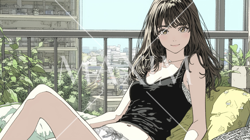 自宅で下着姿でくつろいでいる若い女性