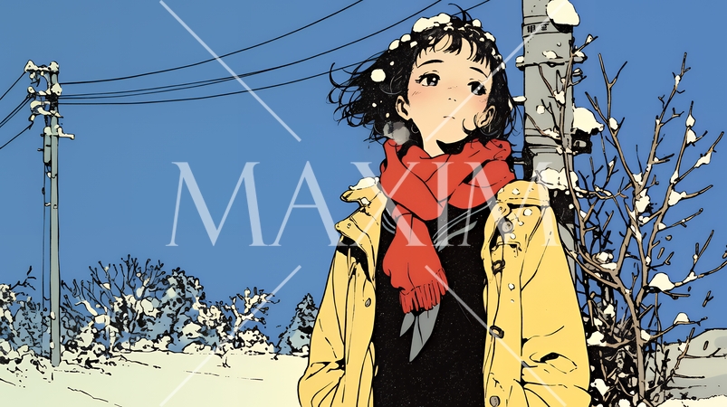 冬枯れの郊外の道を歩く若い女性