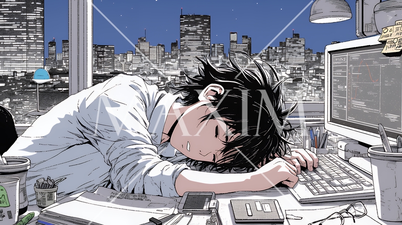 夜遅くまで残業するビジネスマン｜疲れた表情でパソコン作業をする会社員のビジネスイメージ