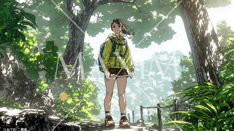 初夏の森でトレッキングを楽しむ若い女性｜新緑とアウトドアの爽やかなライフスタイル