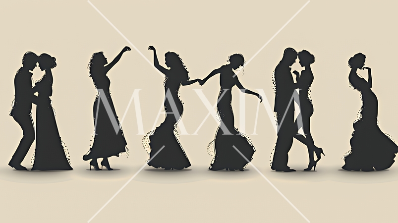 社交ダンスを楽しむ人たちのシルエット｜優雅でエレガントなボールルームダンスイメージ
