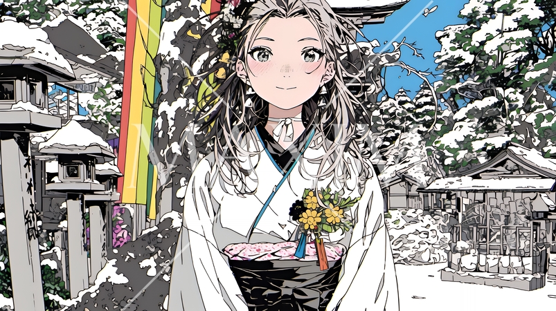 和服を着て初詣をしている若い女性