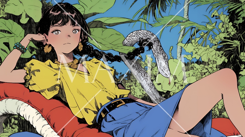 年賀状用：ヘビとなかよしの若い女性