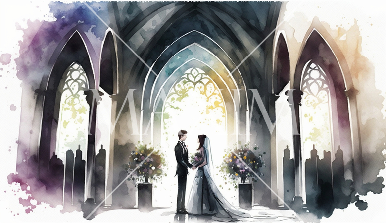 教会での結婚式の水彩画