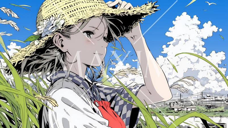 春風に飛ばされそうな帽子を、手で押さえる若い女性