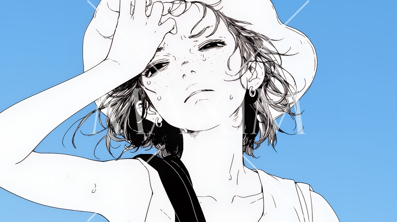 強烈な日差しでヘトヘト状態の女性（シンプルな色使い）