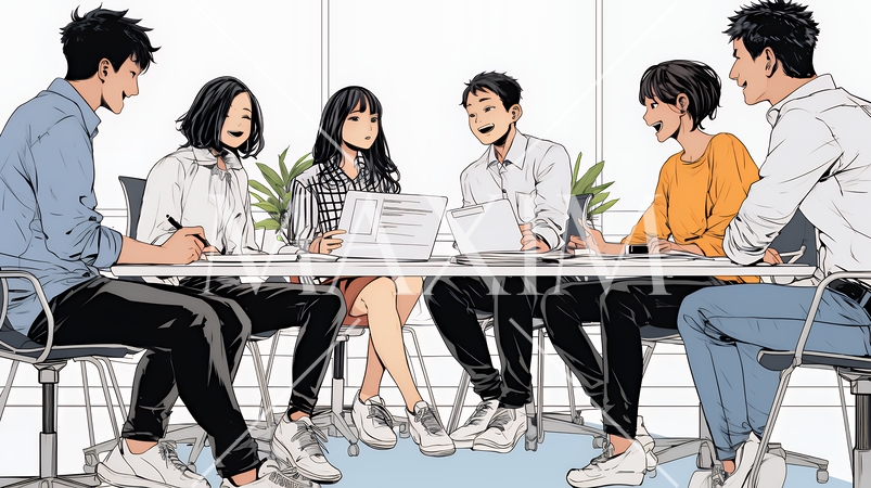 資料を見ながら打ち合わせをする会社員｜オフィスのビジネスミーティングイメージ