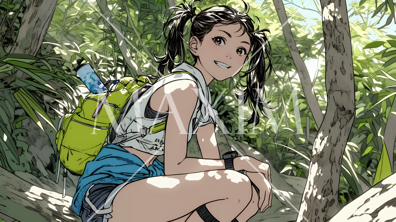 初夏の森でトレッキングを楽しむ若い女性｜新緑とアウトドアの爽やかなライフスタイル