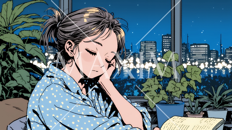 資料（本）を読みながら、うとうと眠ってしまう若い女性