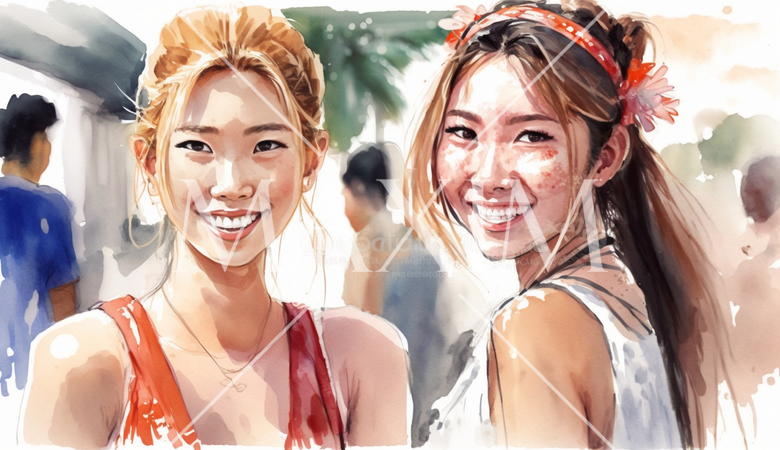 南国の島でリゾート気分の若い女友達たち