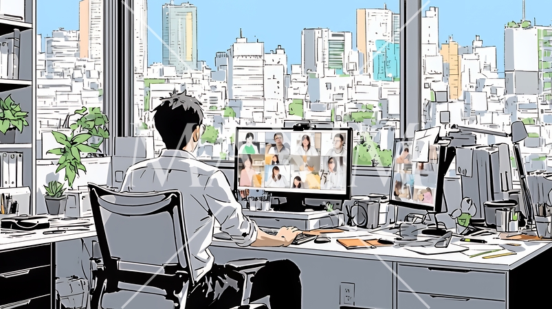 自宅からオンライン会議・授業に参加している男性