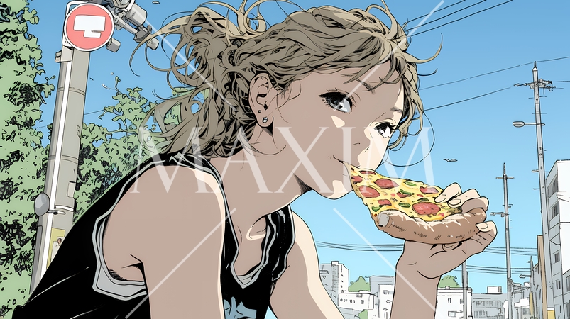 ピザを食べている若い女性