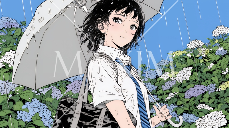 アジサイと梅雨の長雨と若い女性