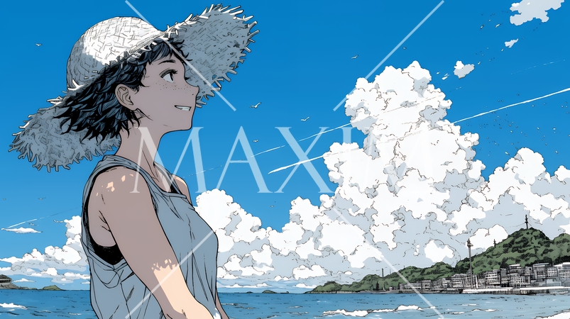 夏の海と入道雲と若い女性