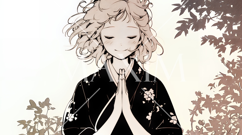 手を合わせてお祈りをしている和服姿の若い女性（シンプルな色使い）