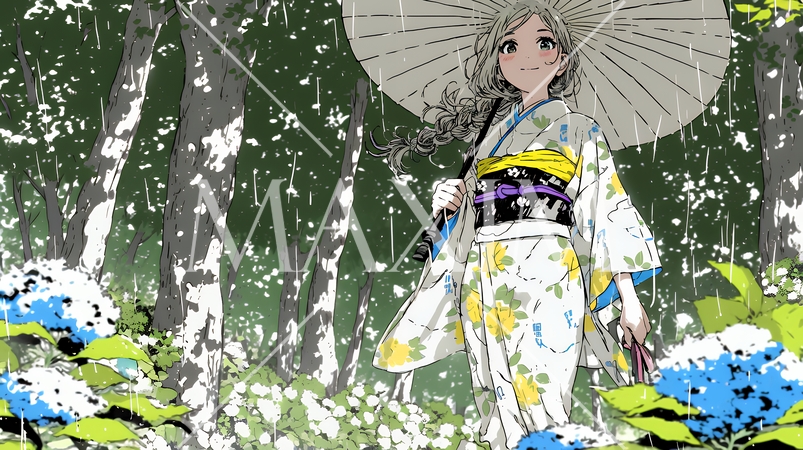 あじさいの小径を和服で歩く若い女性